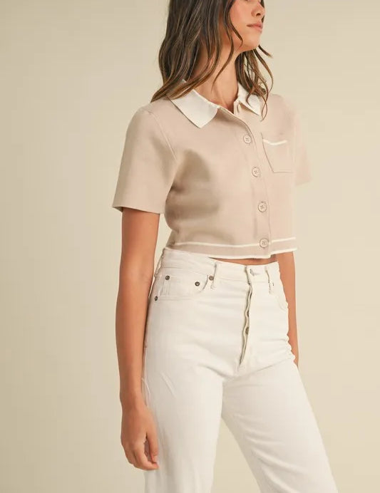 MABLE Button Down Contrast Collared Knit Cardigan | Daverri Fashions
