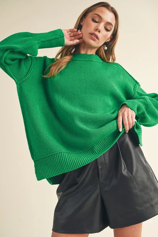 Aemi+Co Ribbed Hem Side Slit Round Neck Sweater GREEN