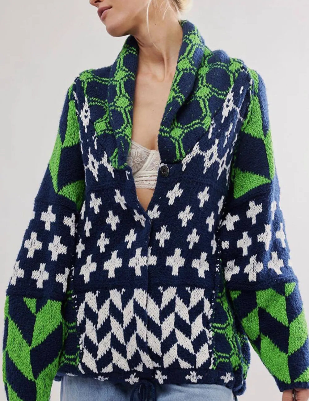 Green One Size Collared Neck Long Sleeve Cardigan | Cardigans Daverri Fashions