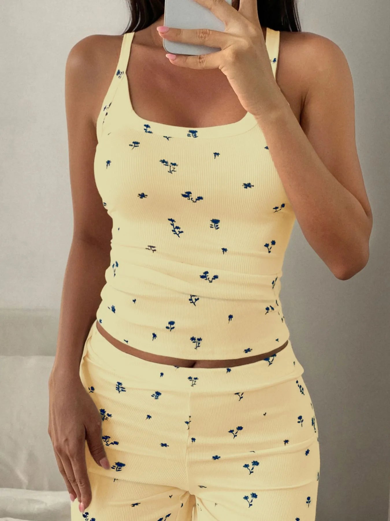 Yellow Floral Ribbed Cami and Wide Leg Pants Set | Loungewear Sets Daverri Fashions