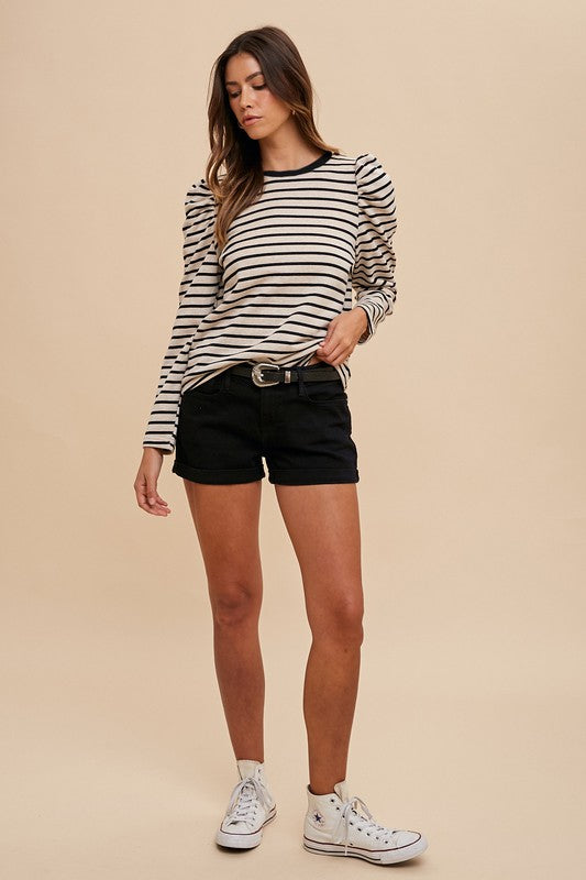 Annie Wear Striped Round Neck Puff Sleeve French Terry Top Tops