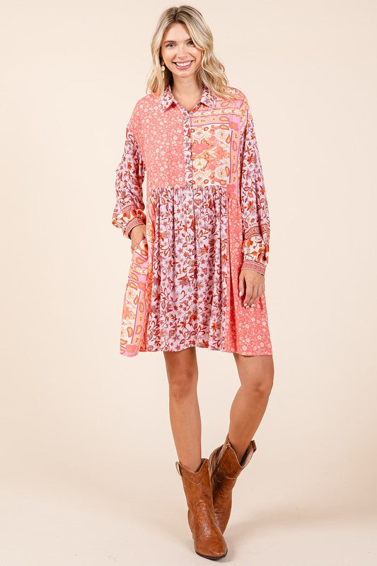 Mittoshop Coral Pink Floral Button Detail Long Sleeve Shirt Dress Mini Dresses