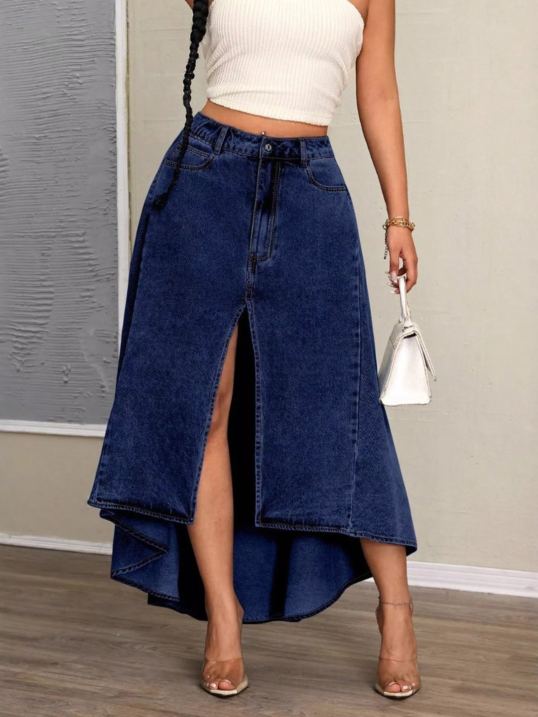 Dark Blue High-Low Slit Denim Skirt | Skirts Daverri Fashions