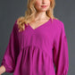 Umgee Full Size V-Neck Puffed 3/4 Sleeve Babydoll Blouse Plus Size Red-Violet Blouses