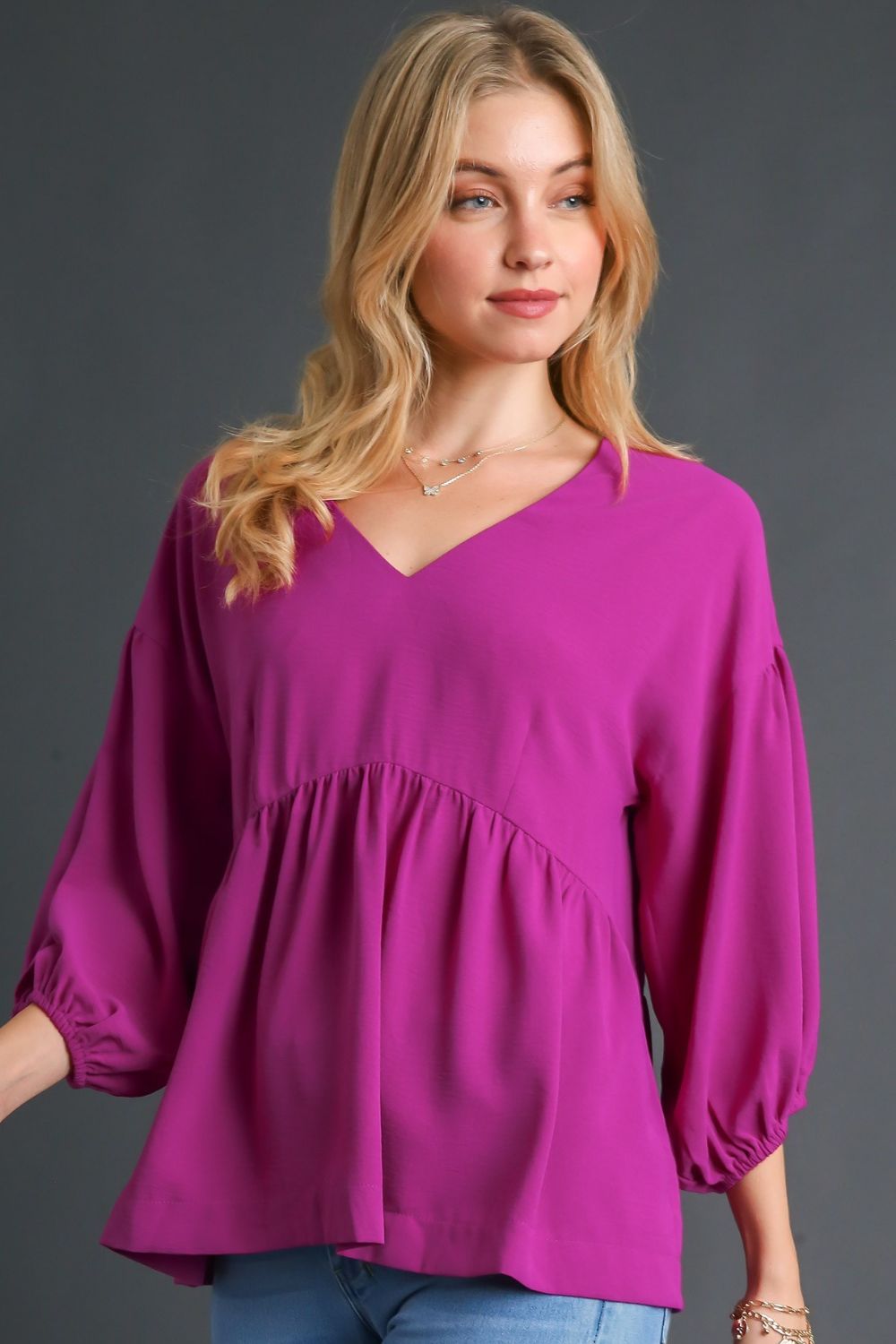 Umgee Full Size V-Neck Puffed 3/4 Sleeve Babydoll Blouse Plus Size Red-Violet Blouses