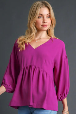 Umgee Full Size V-Neck Puffed 3/4 Sleeve Babydoll Blouse Plus Size - DAVERRI FASHIONS