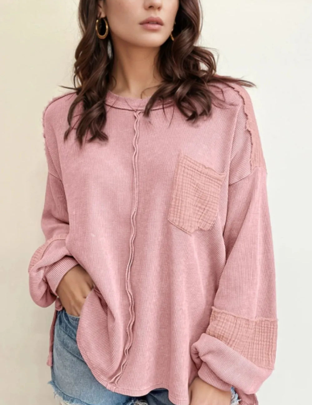 Exposed Seam Round Neck Long Sleeve Sweatshirt | Daverri Fashions