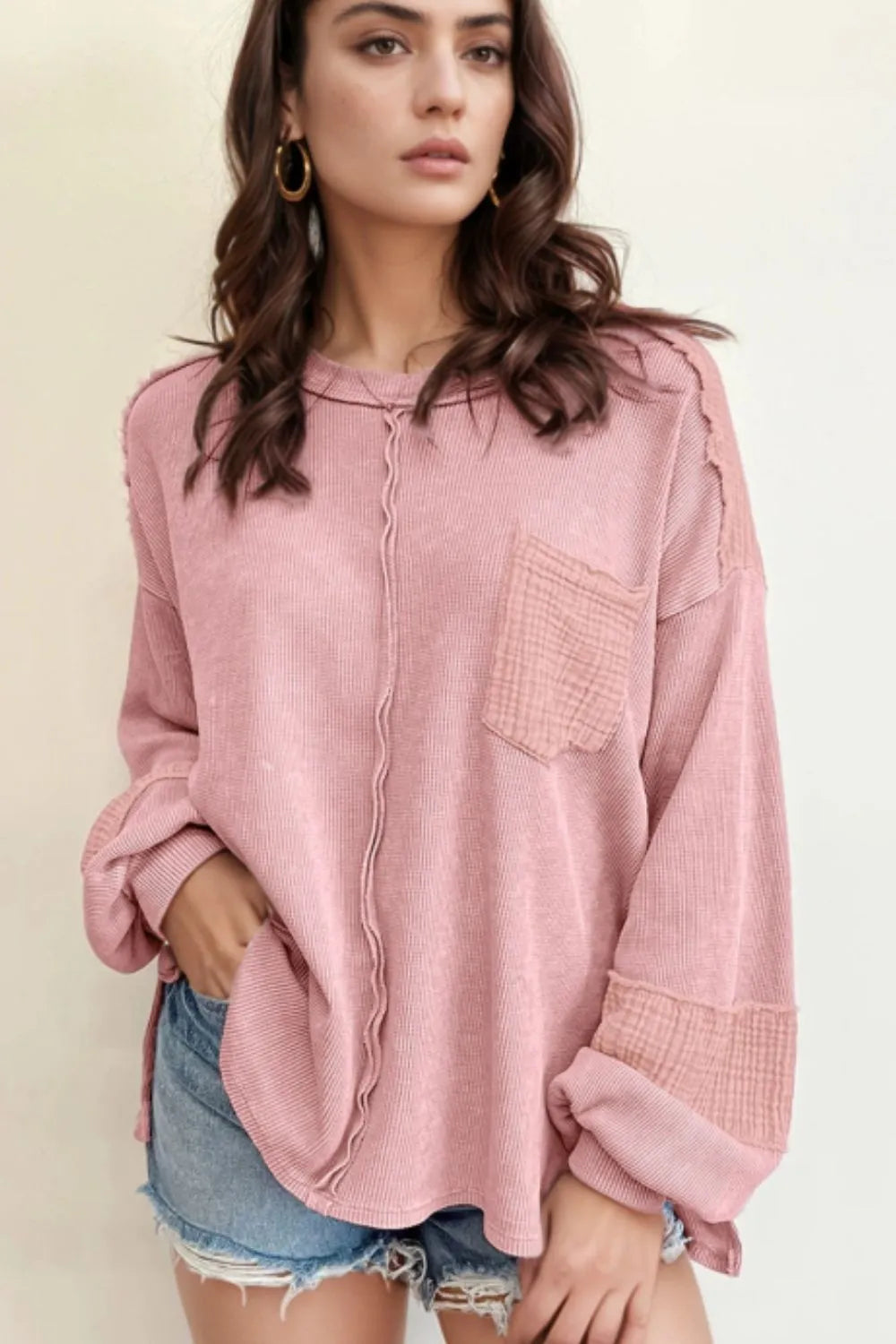 Exposed Seam Round Neck Long Sleeve Sweatshirt | Daverri Fashions