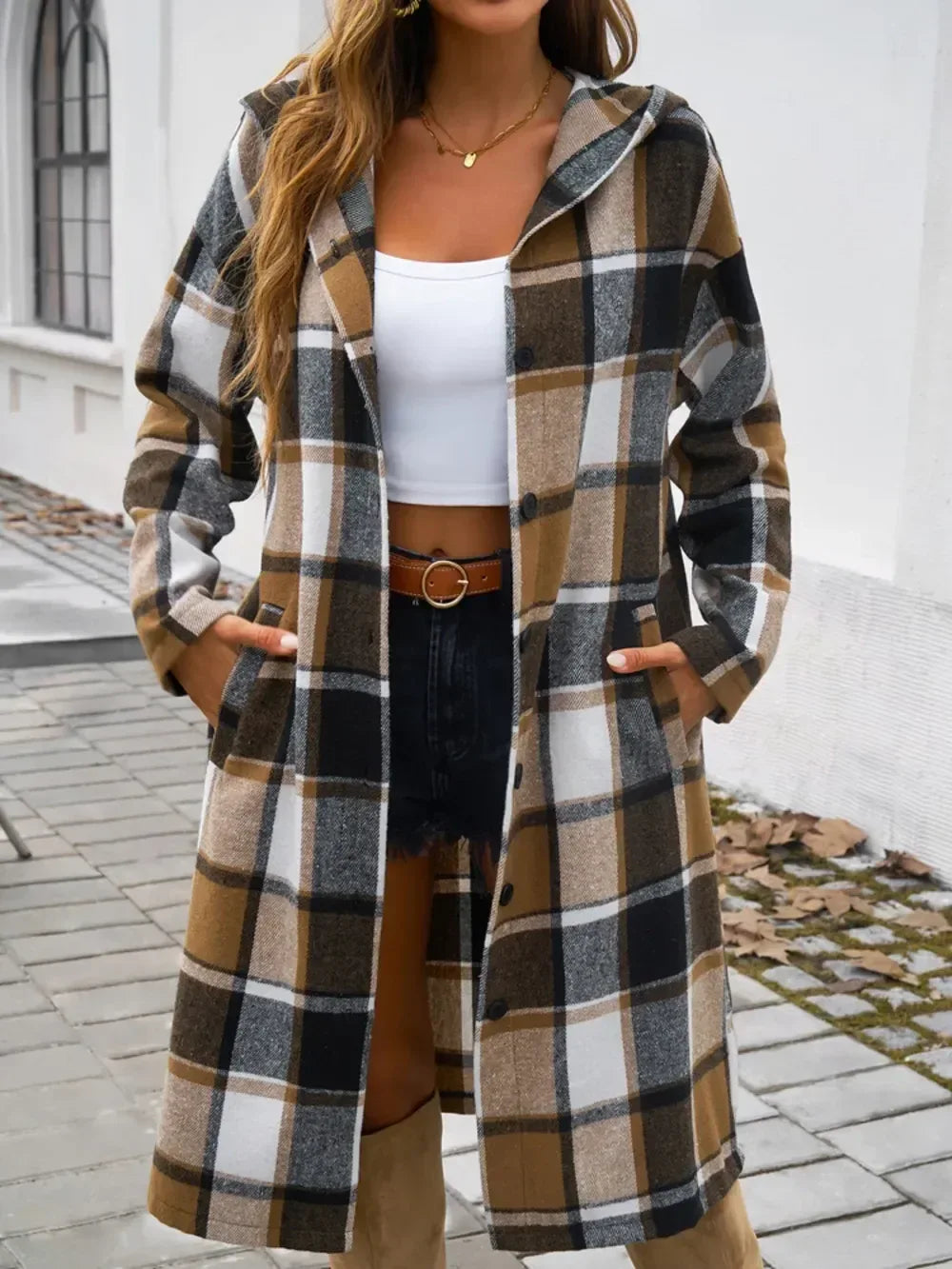 Devine Plaid Long Sleeve Hooded Coat - DAVERRI FASHIONS