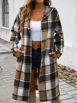 Devine Plaid Long Sleeve Hooded Coat - DAVERRI FASHIONS
