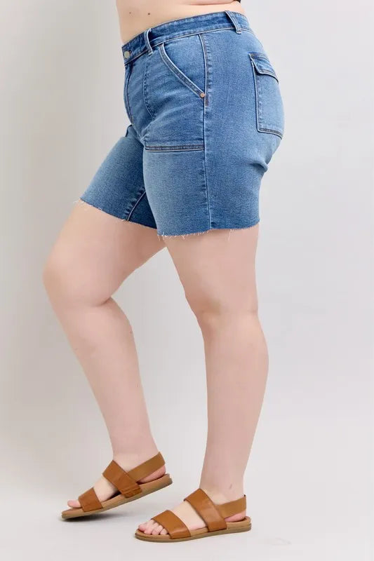 Judy Blue Full Size Mid Rise Bermudas Denim Shorts W/ Back Flap Pockets Plus Size Denim Shorts