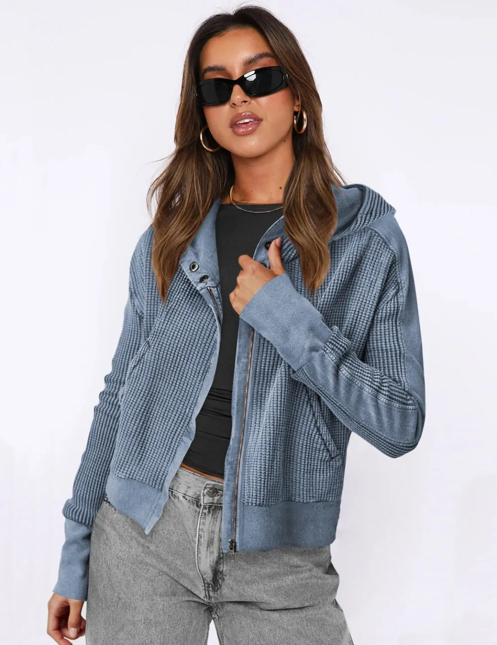 Dusty Blue Waffle-Knit Dropped Shoulder Hooded Jacket | Jackets Daverri Fashions