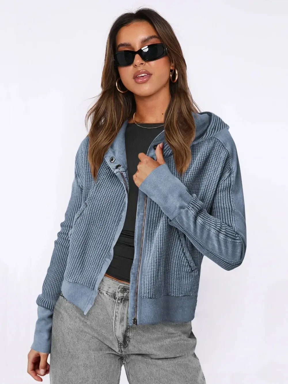 Waffle-Knit Dropped Shoulder Hooded Jacket - DAVERRI FASHIONS