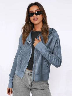 Waffle-Knit Dropped Shoulder Hooded Jacket - DAVERRI FASHIONS