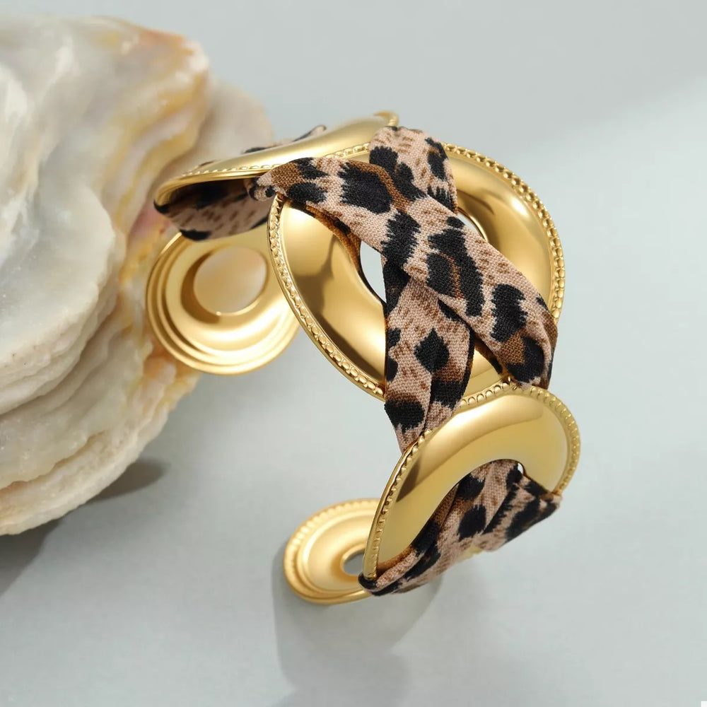 Gold One Size Leopard Ribbon 18K Gold-Plated Open Bracelet | Bracelets Daverri Fashions