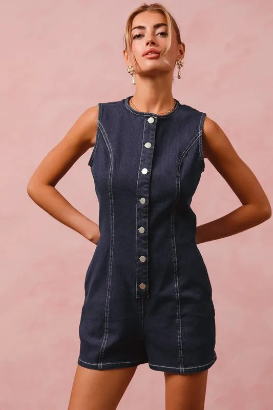 SO ME Button Up Front Washed Denim Sleeveless Romper Rompers