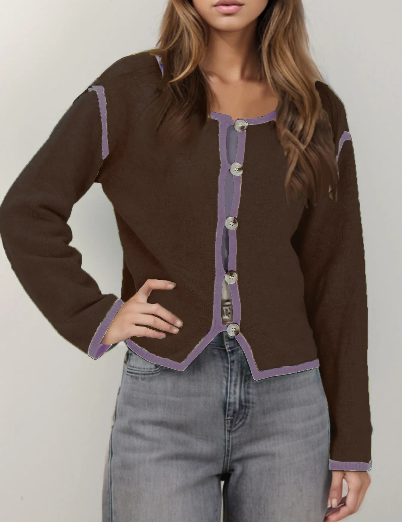 Brown Button-Front Cardigan with Contrast Trim | Cardigans Daverri Fashions