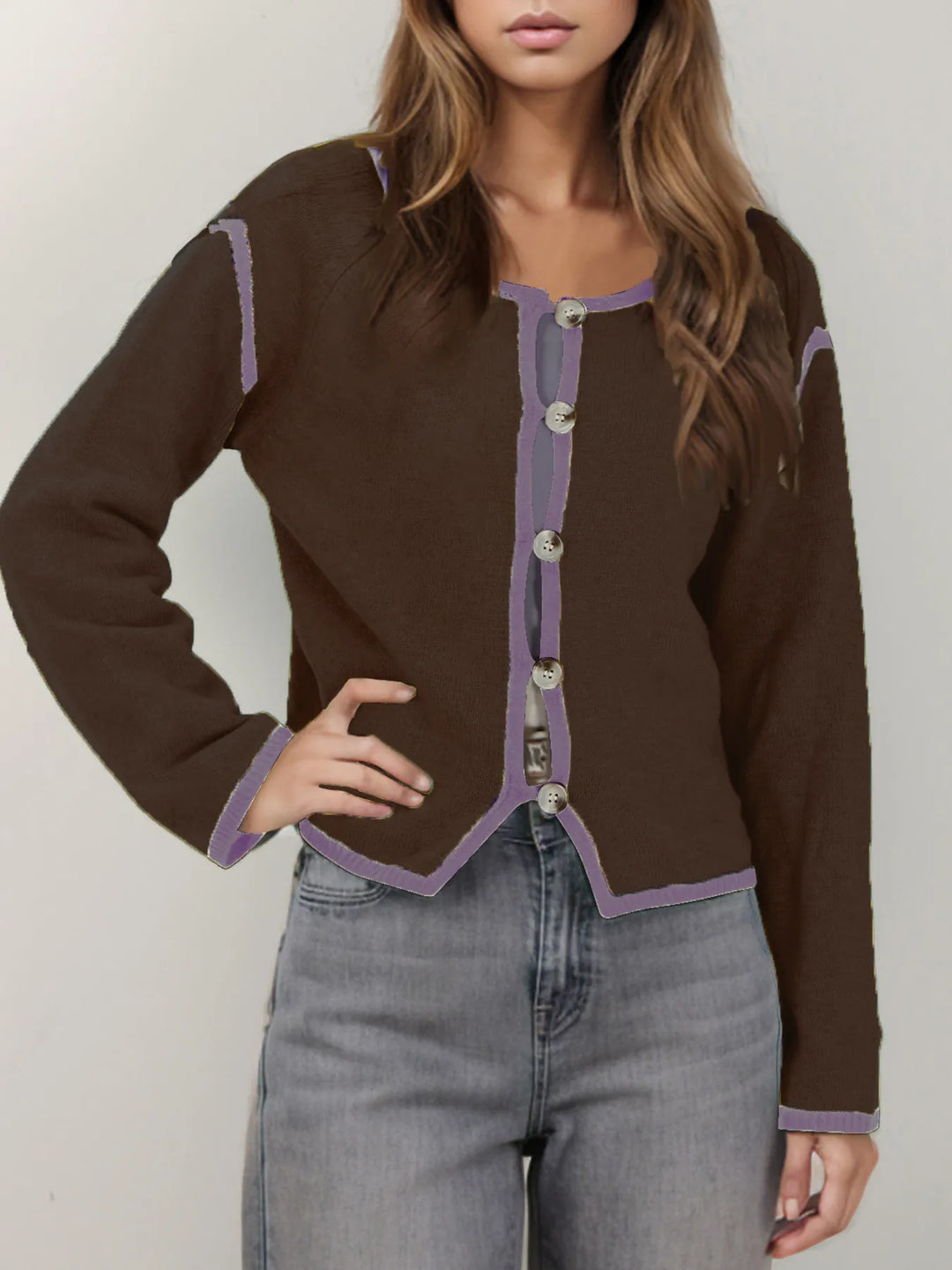Brown Button-Front Cardigan with Contrast Trim | Cardigans Daverri Fashions