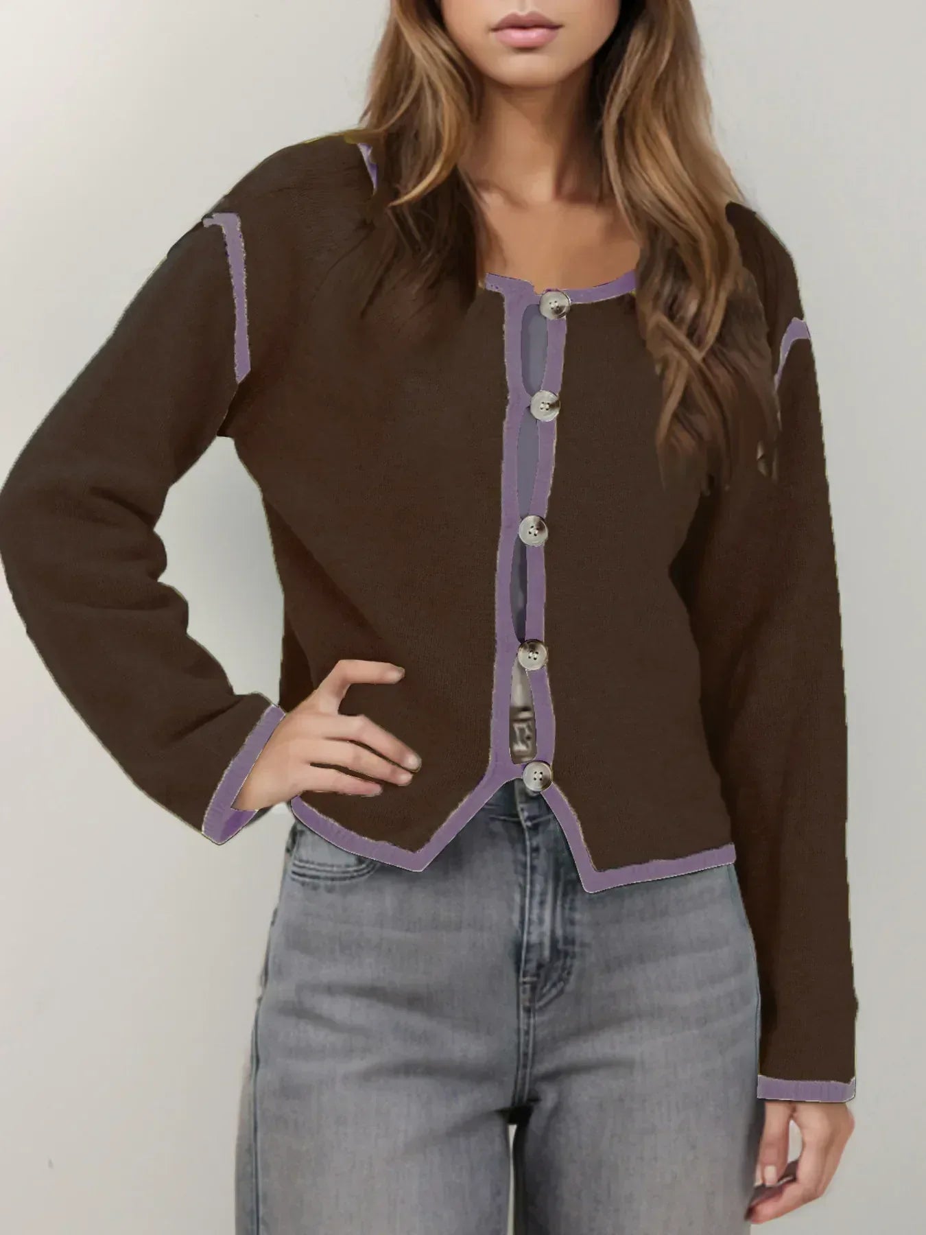 Button-Front Cardigan with Contrast Trim - DAVERRI FASHIONS