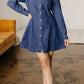 Classic blue denim shirt collar long sleeve flared mini dress