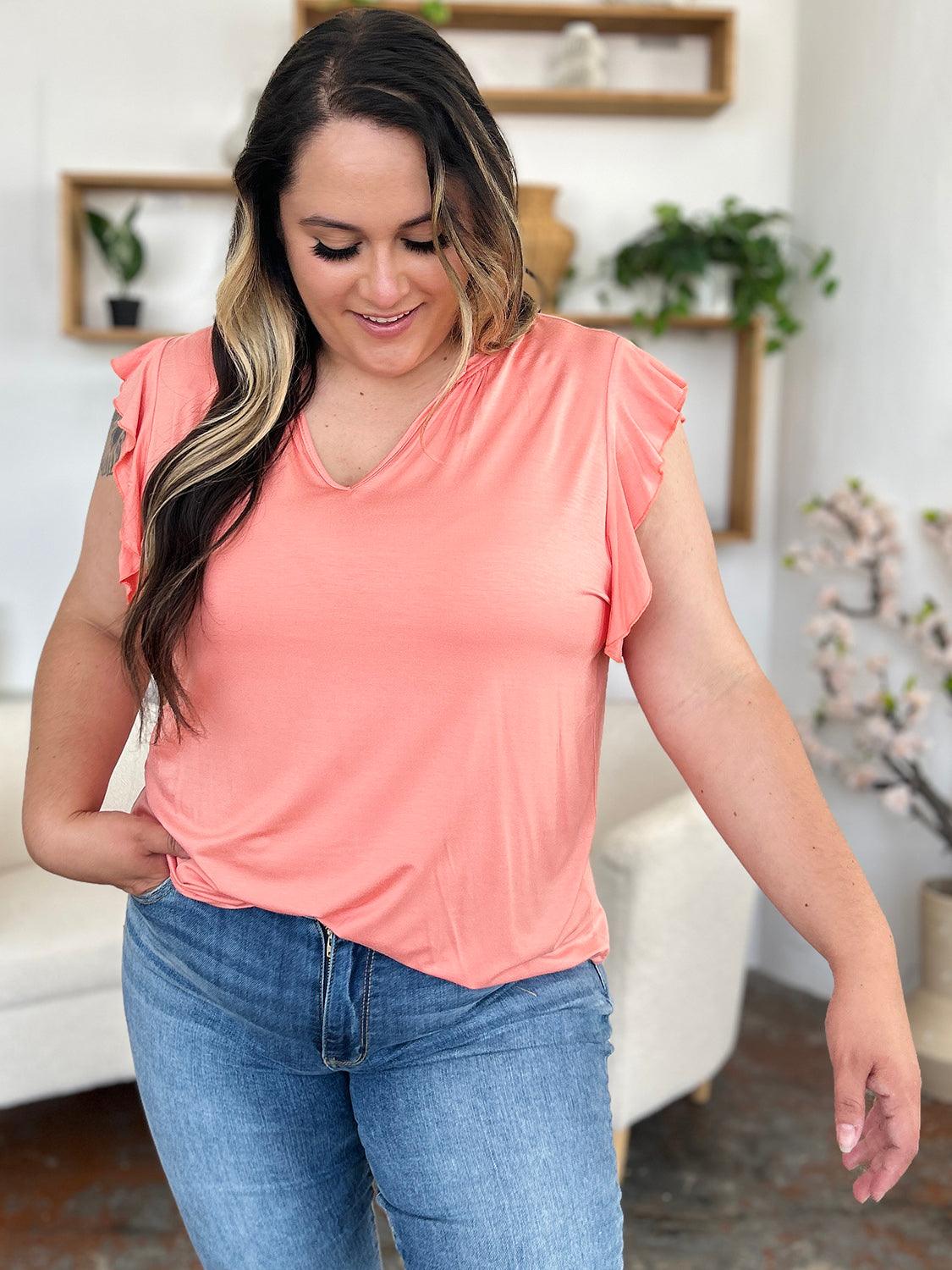 Basic Bae Full Size Bamboo Notched Ruffled Short Sleeve T-Shirt | T-Shirts Daverri Fashions