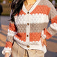 Cozy color block button-up cardigan in striped coral, white, beige