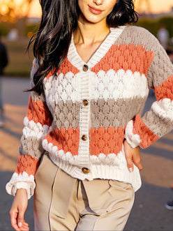 Cozy color block button-up cardigan in striped coral, white, beige