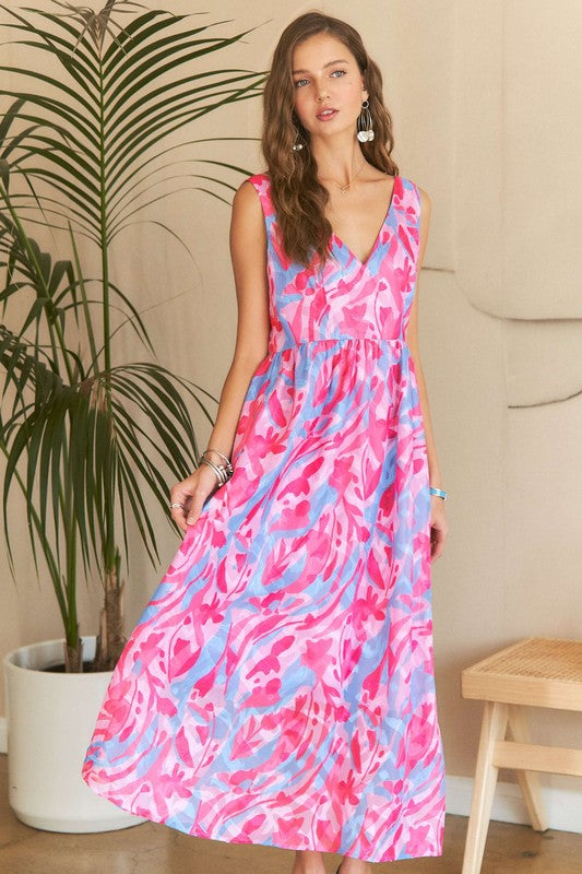 ADORA Abstract Floral V-Neck Maxi Dress PINK BLUSH COMBO