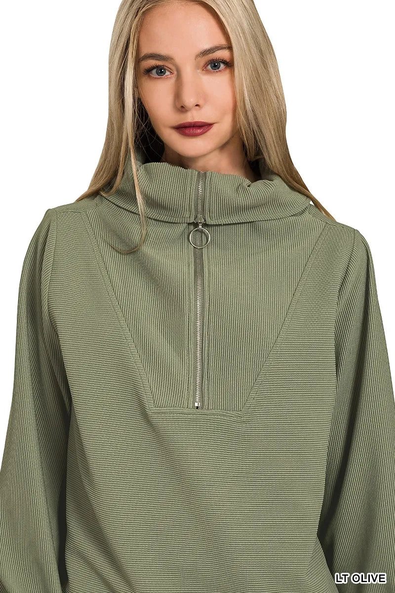 Zenana Ribbed High Neck Half Zip Pullover & Pants Set Outfit Sets