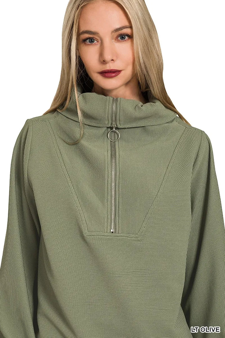 Zenana Ribbed High Neck Half Zip Pullover & Pants Set Outfit Sets