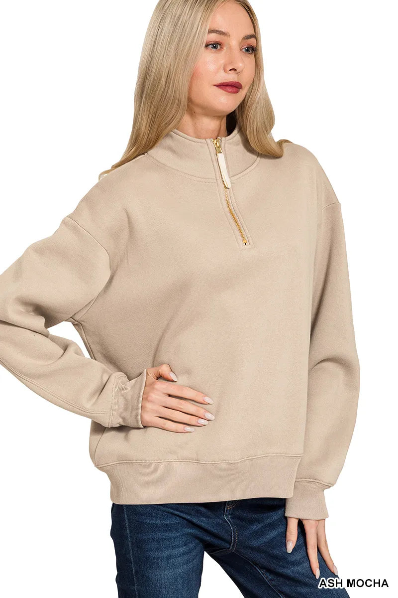 Zenana Fleece Half Zip Sweatshirt Ash Mocha | Sweatshirts Daverri Fashions