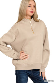 Zenana Fleece Half Zip Sweatshirt Ash Mocha | Sweatshirts Daverri Fashions