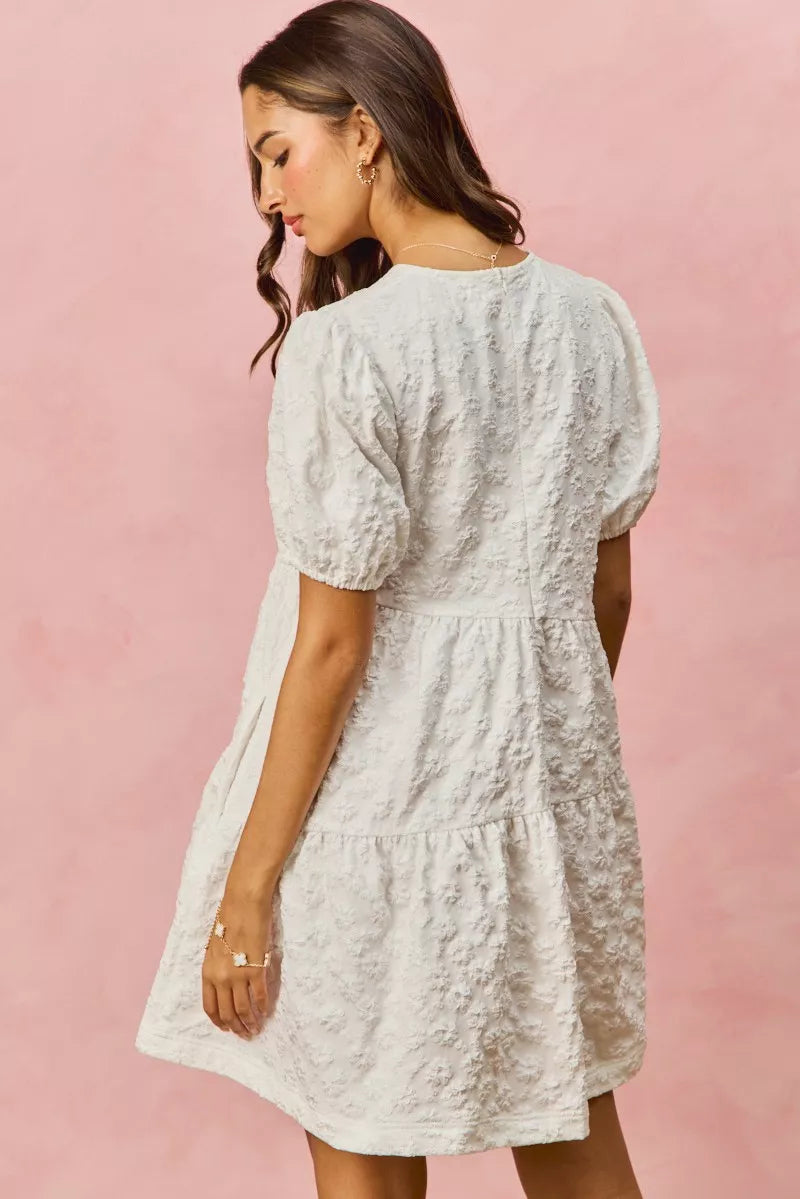 White textured lace SO ME floral jacquard diagonal tiered short mini dress