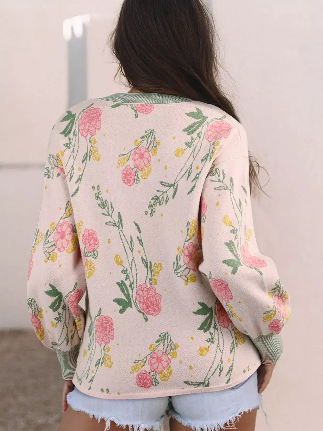 Floral Pattern Striped V Neck Loose Sweater - DAVERRI FASHIONS