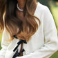 White ribbed knit Tie Front Knit Cardigan with black bow ties