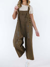 Daverri distressed wide leg denim overalls in olive green with front pocket