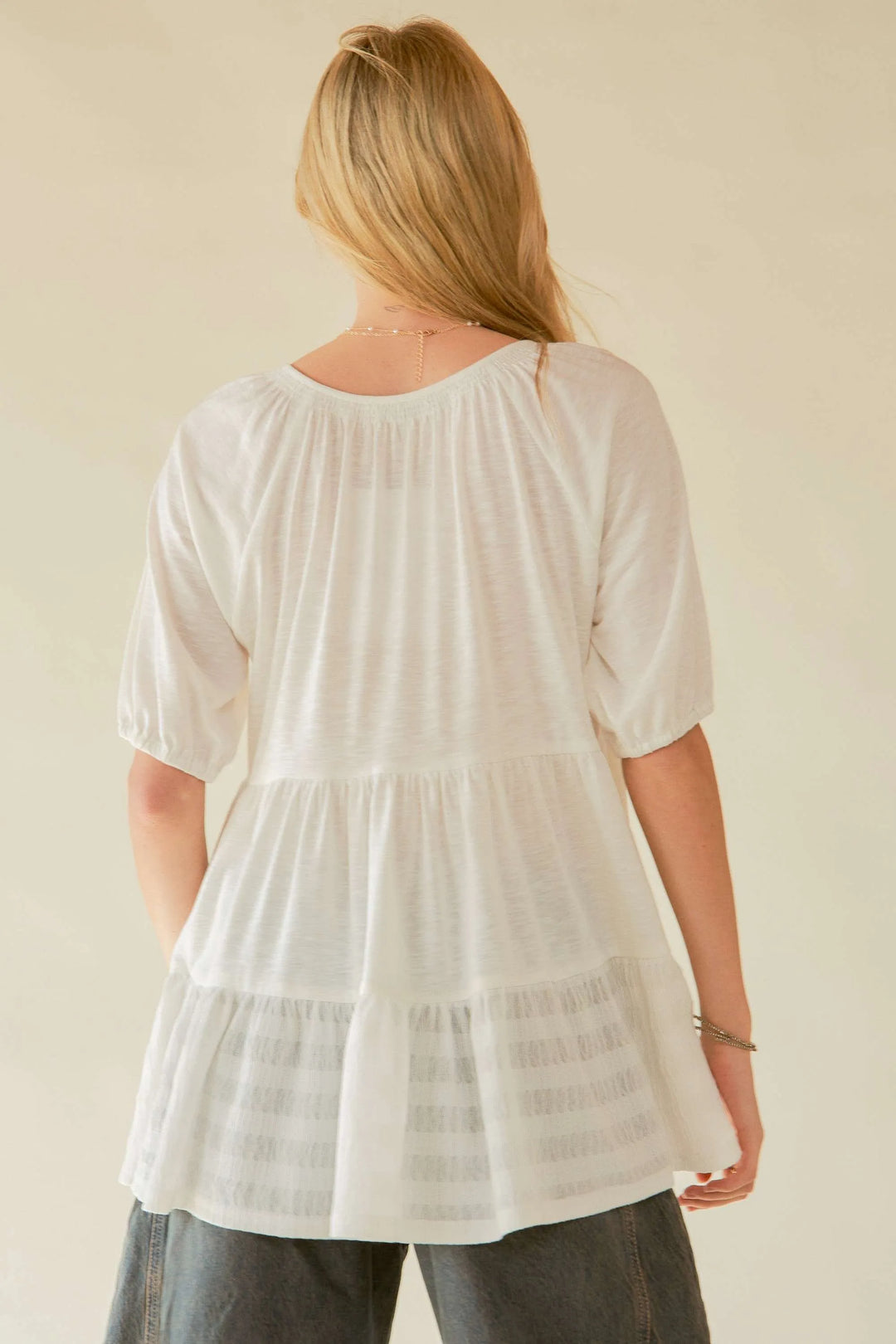 Davi & Dani Ruffled Flared Short Sleeve V Neck Blouse Blouses