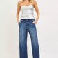 RISEN high rise wide leg slanted pocket blue denim flare jeans