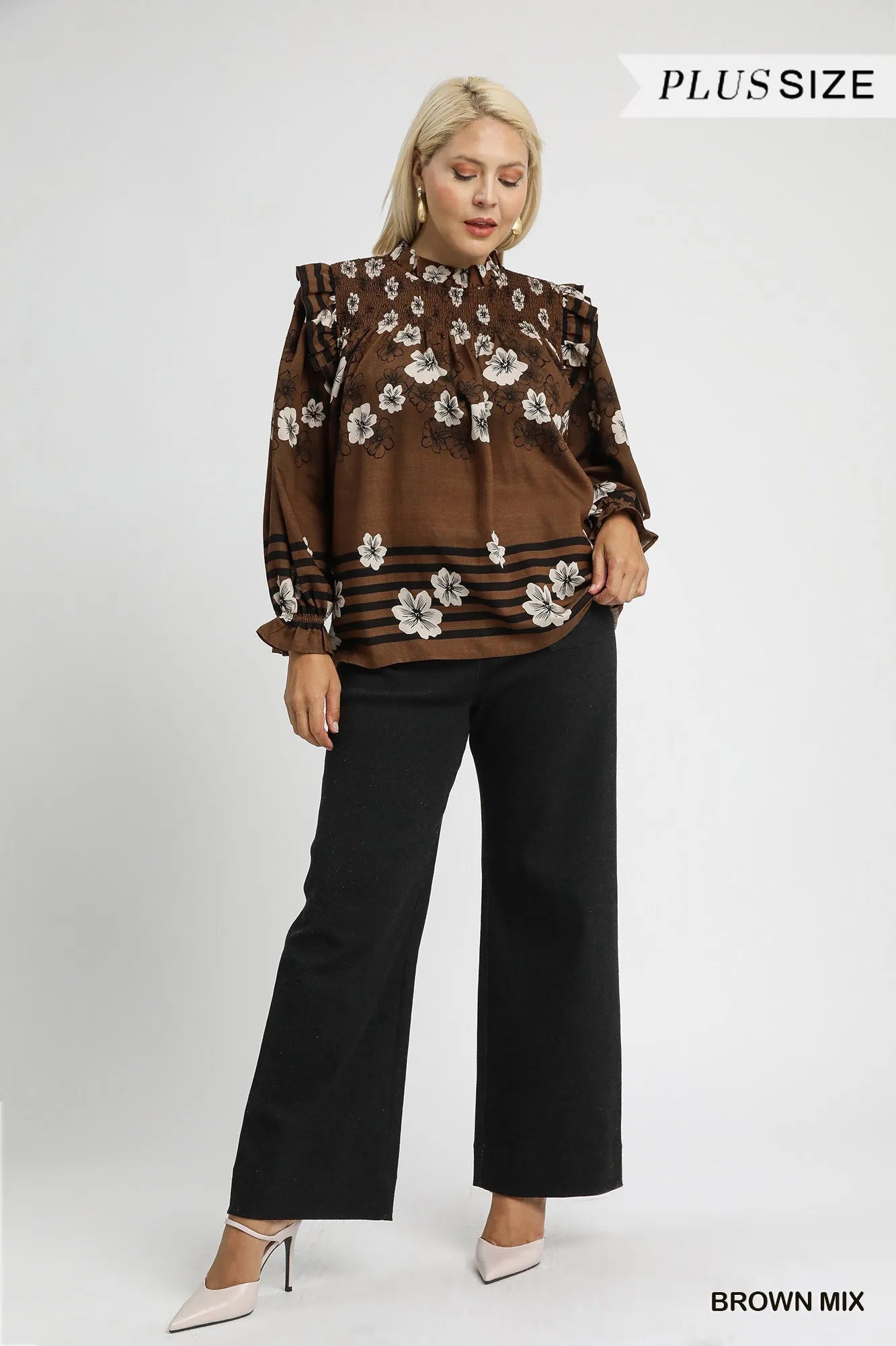 Umgee Full Size Mix Floral Smocked Ruffle Blouse Plus Size Tops