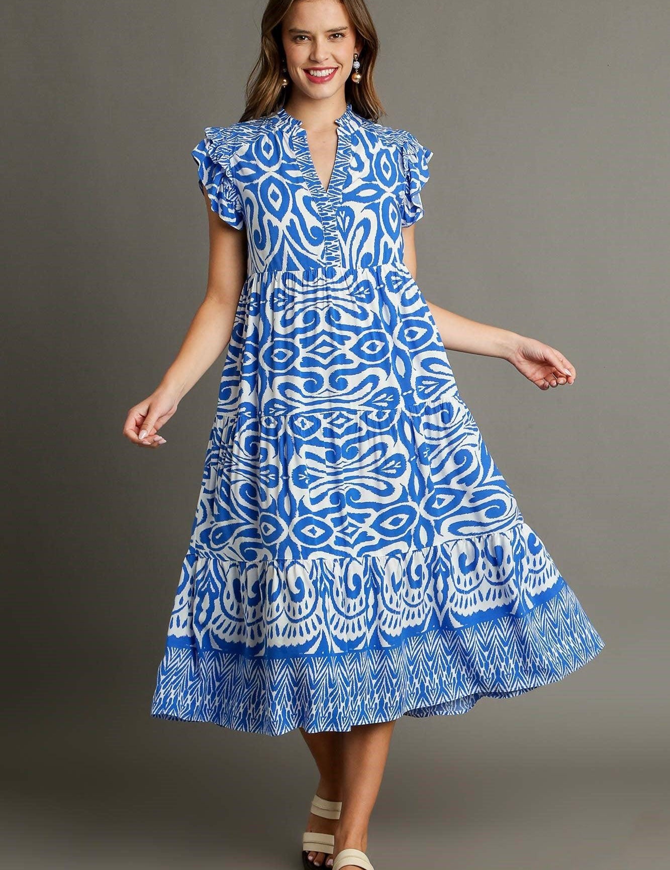Umgee Full Size Two Tone Border Print Ruffle Cap Sleeve Midi Dress Plus Size | Mid Dresses Daverri Fashions