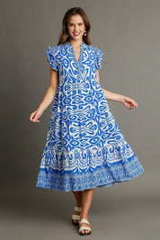 Umgee Full Size Two Tone Border Print Ruffle Cap Sleeve Midi Dress Plus Size | Mid Dresses Daverri Fashions