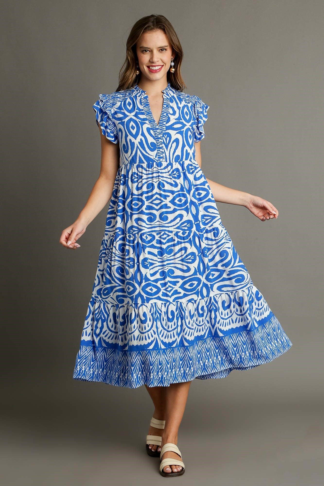 Umgee Full Size Two Tone Border Print Ruffle Cap Sleeve Midi Dress Plus Size Mid Dresses