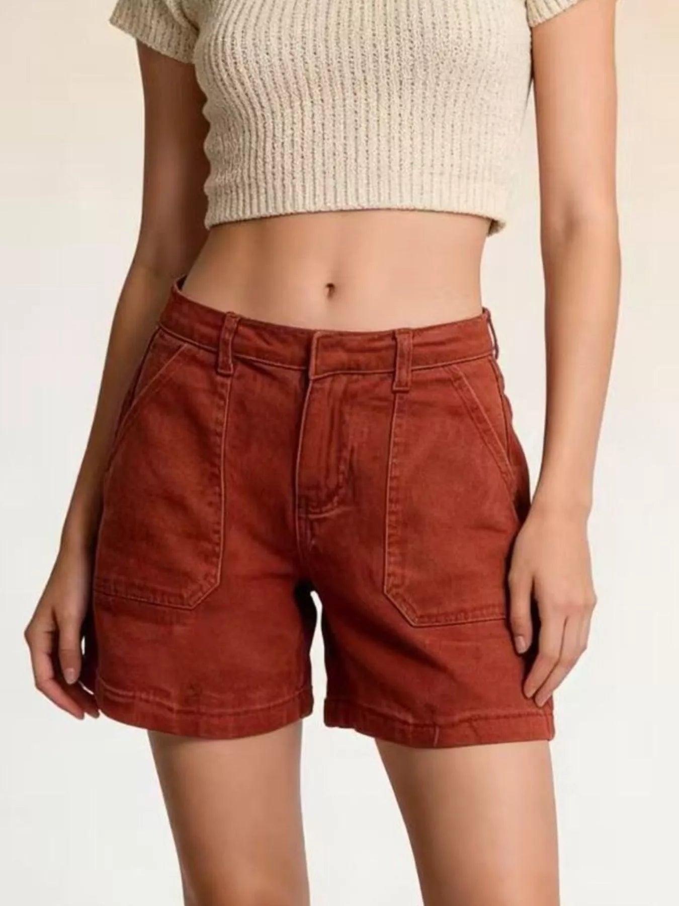Daverri pocketed denim shorts in rust with rolled cuffs and front pockets