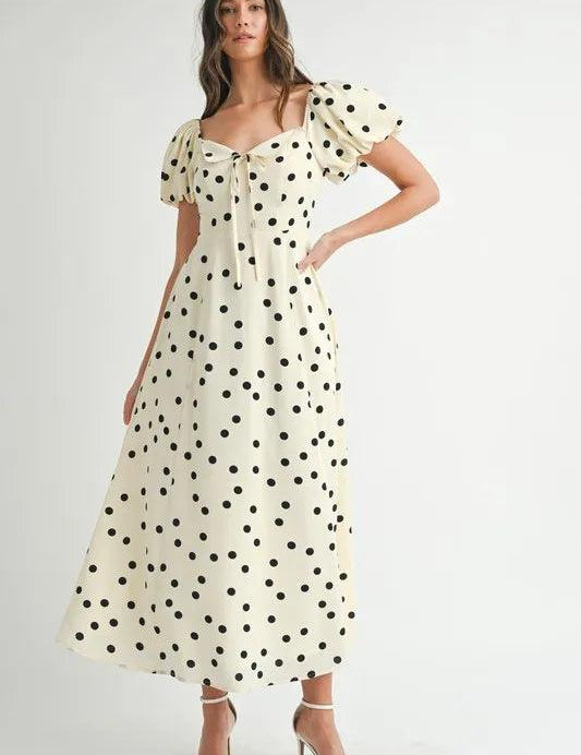 MABLE Polka Dot Puff Sleeve Midi Dress | Daverri Fashions