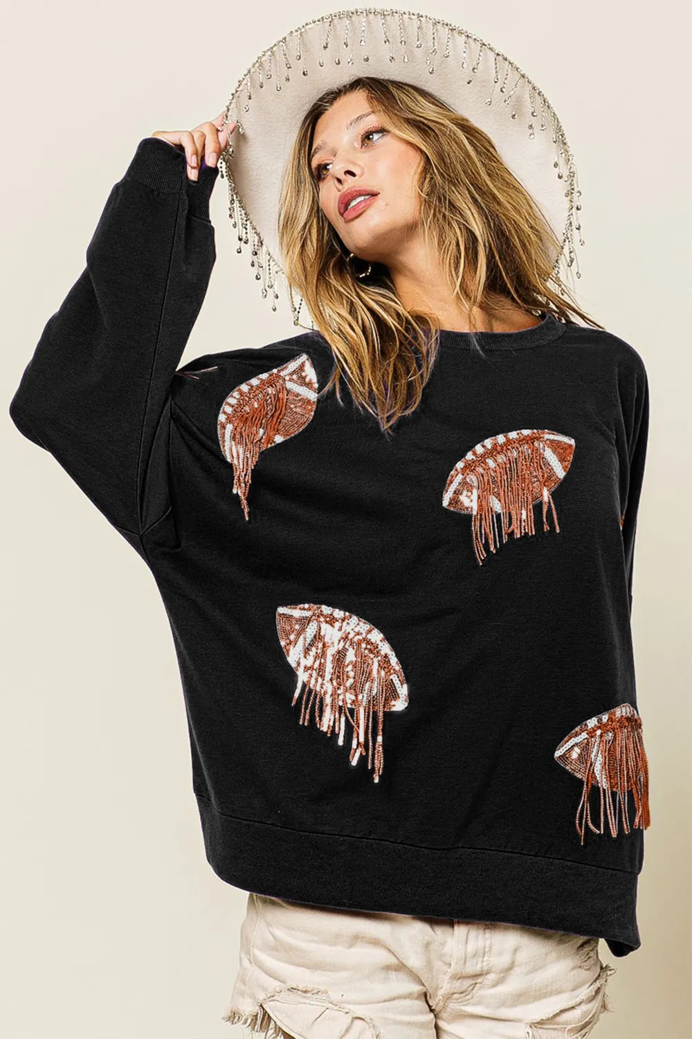 BiBi Sequin Fringe Football Patch Round Neck Sweatshirt Black Bronze