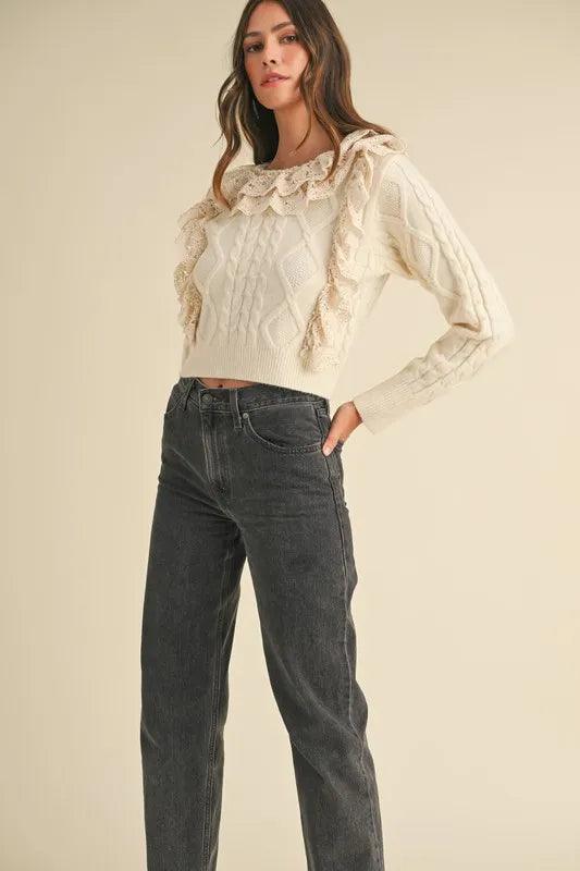 MABLE Ruffled Lace Crochet Sweater - DAVERRI FASHIONS