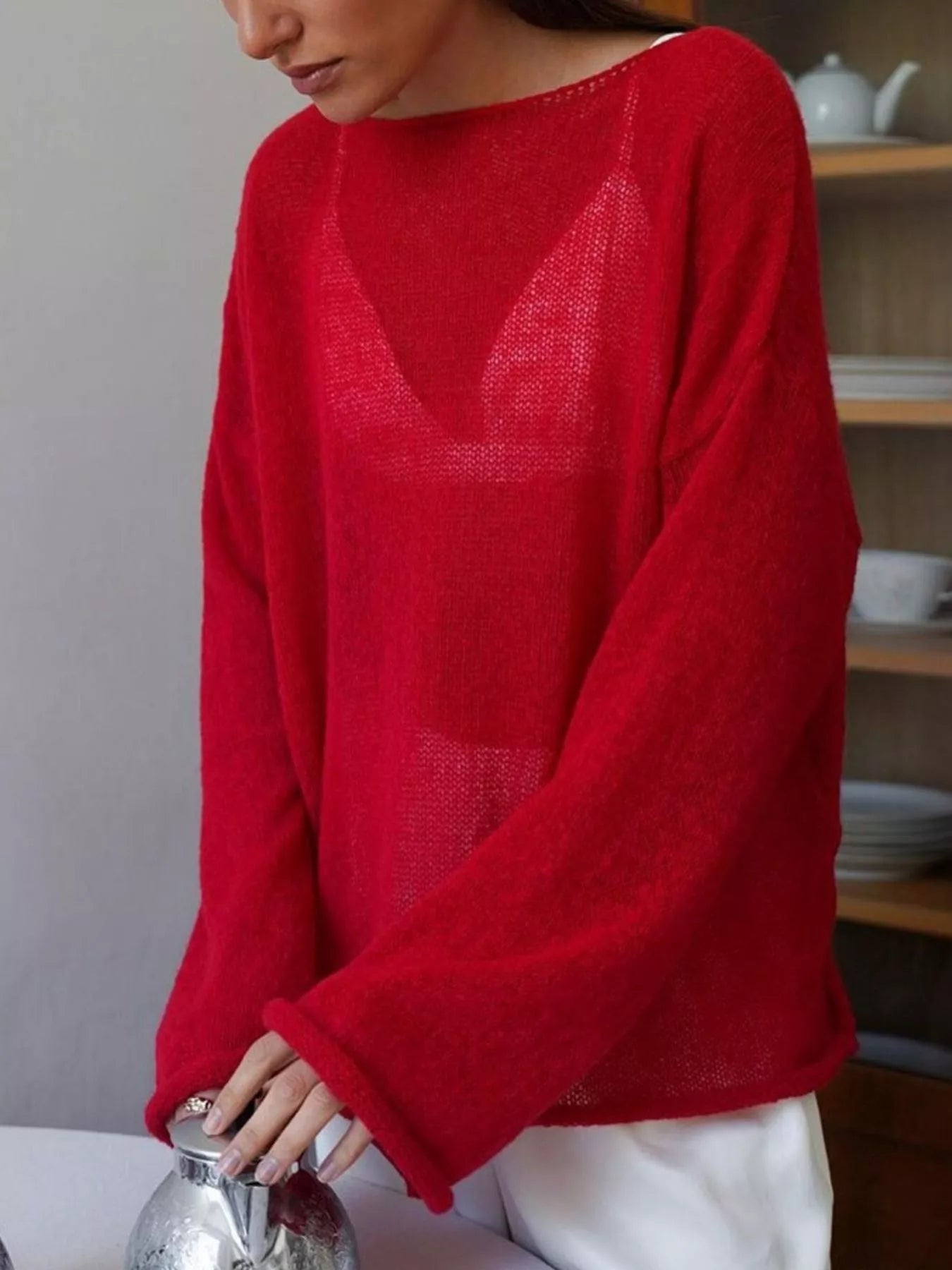 Vibrant red boat neck dropped shoulder sweater with sheer mesh chest panel