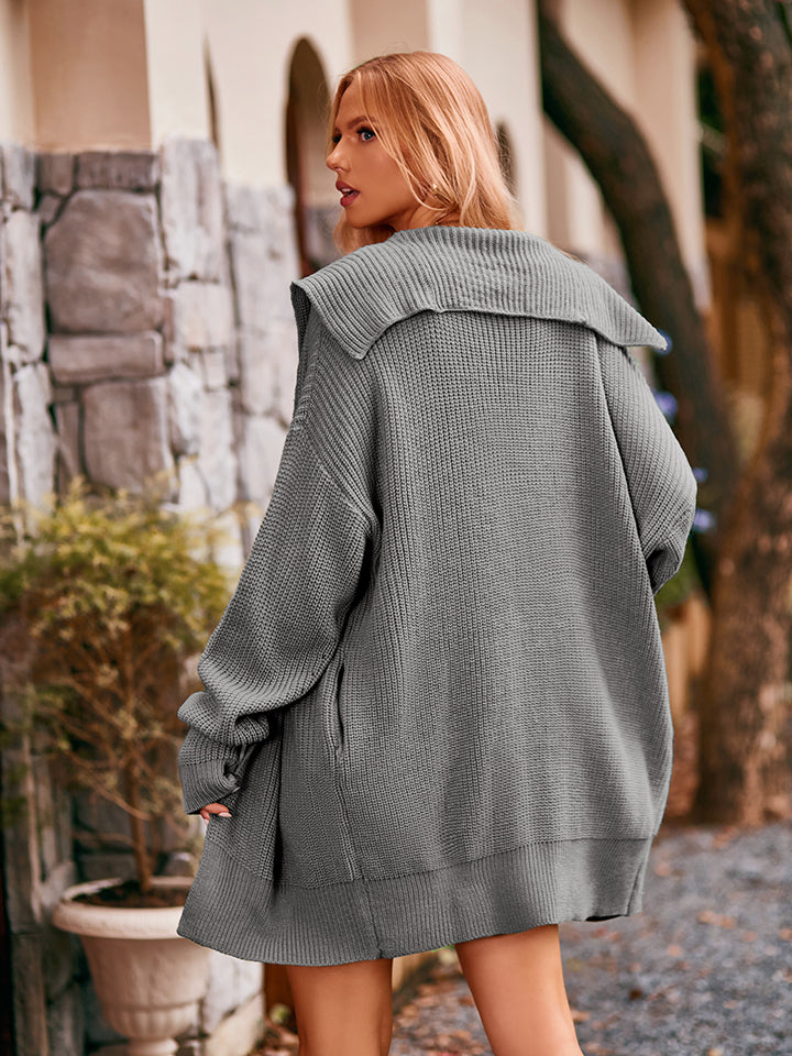 Gray textured knit oversized coat with wide collar and ribbed cuffs