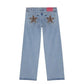 Leopard Star Patches Wide Leg Jeans in light-wash denim with back pocket patches