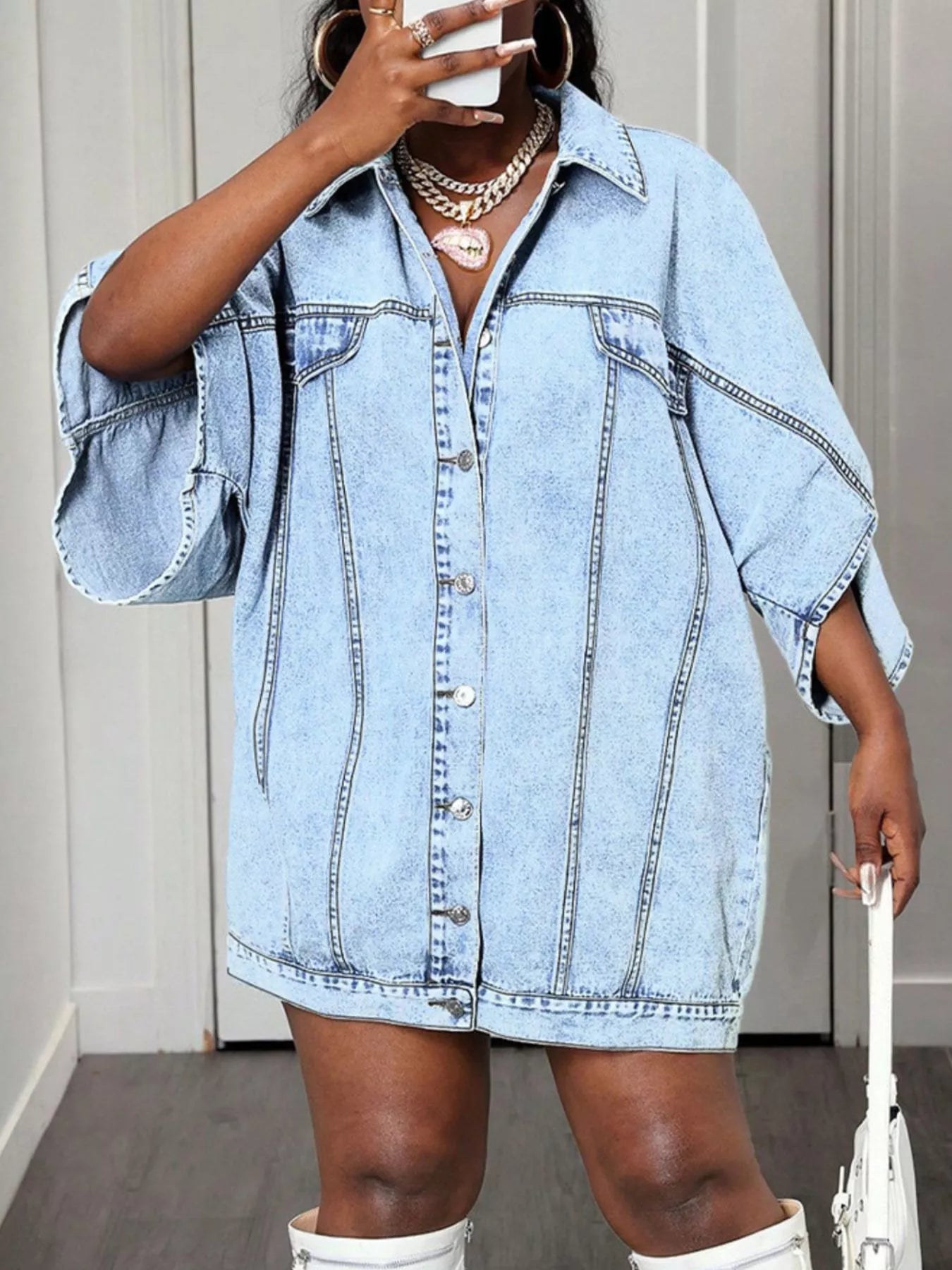 Oversized batwing sleeve light-wash denim shirt dress with rolled cuffs